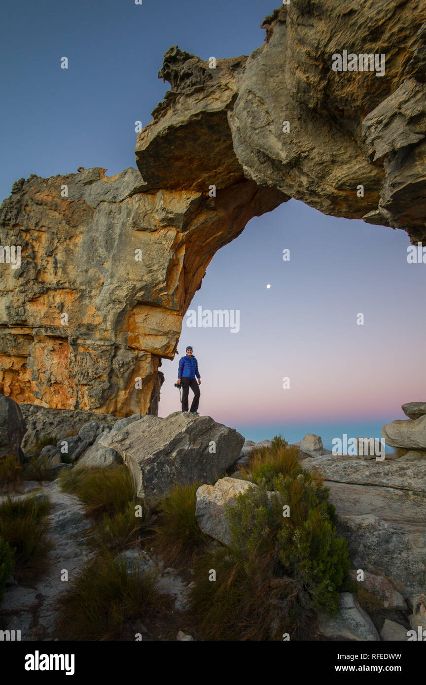 Wolfberg Mountain in the Cederberg Wilderness Area is home to a  hiking or backpacking trail leading through Wolfberg Cracks to famous Wolfberg Arch. Stock Photo