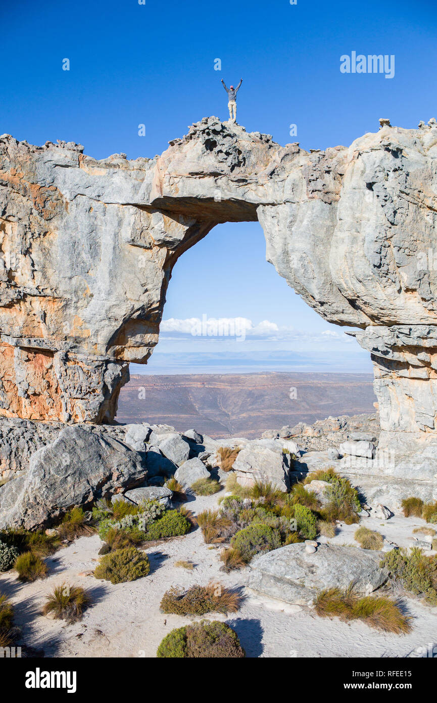 Wolfberg Mountain in the Cederberg Wilderness Area is home to a  hiking or backpacking trail leading through Wolfberg Cracks to famous Wolfberg Arch. Stock Photo