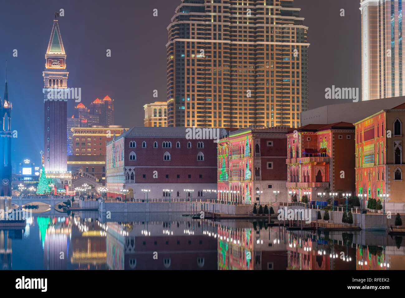 Macau, DEC 24: Night view of the famous Venetian Macao Casino with beautiful reflection on DEC 24, 2018 at Macau Stock Photo