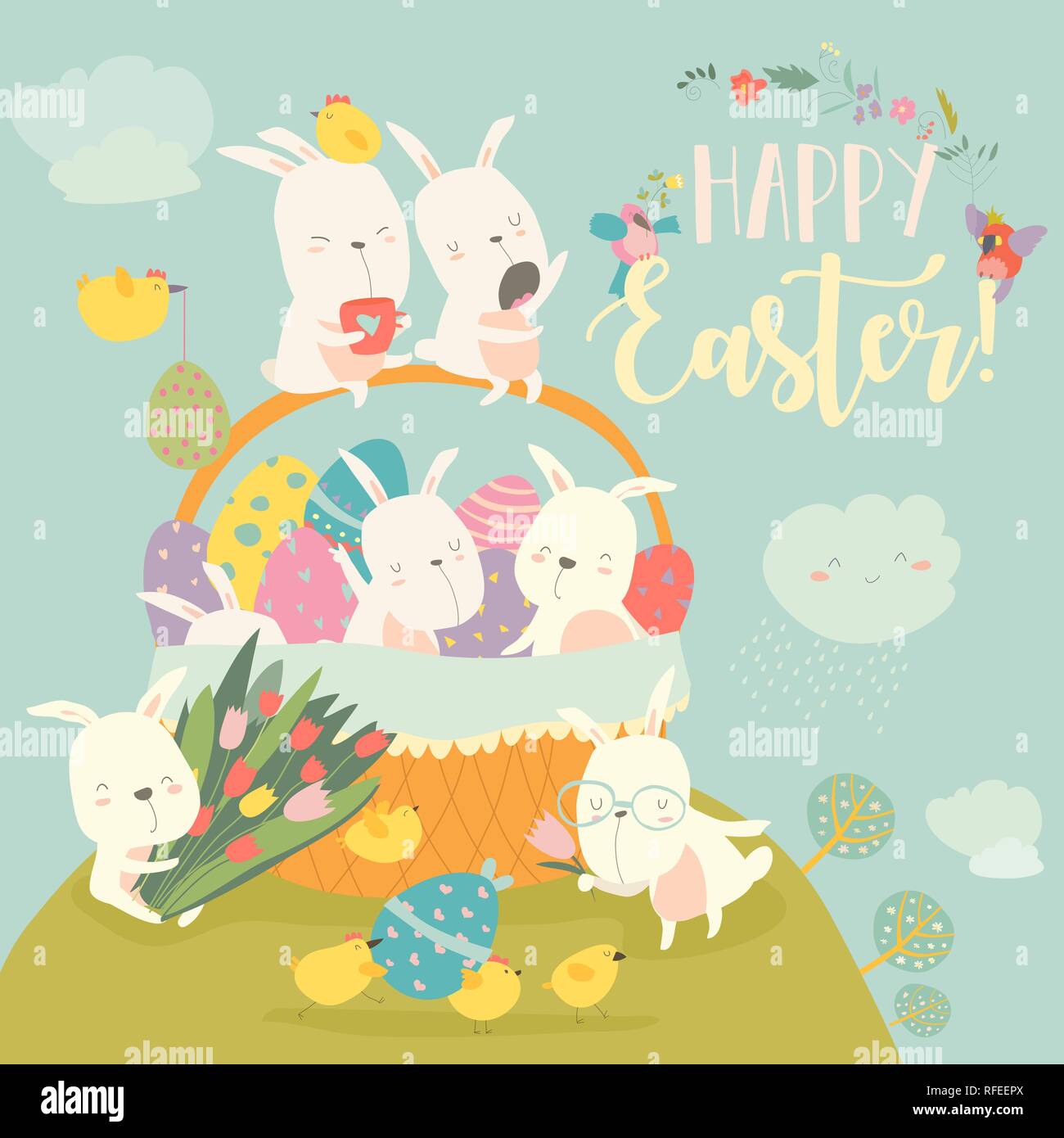 Cute Easter bunnies and easter egg. Happy holidays Stock Vector