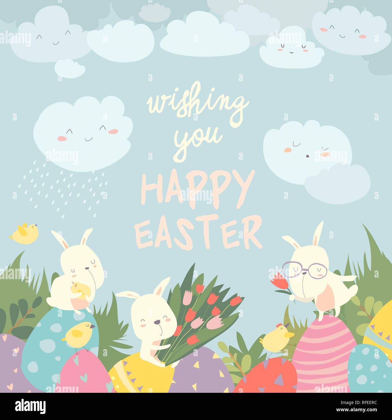 Cute Easter bunnies and easter egg. Happy holidays Stock Vector