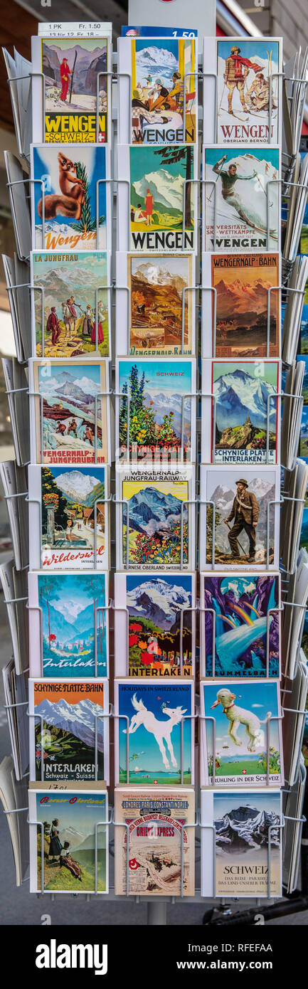 Switzerland, Alps, Berner Oberland, Spring. Wengen, postcards with vintage design images. Stock Photo