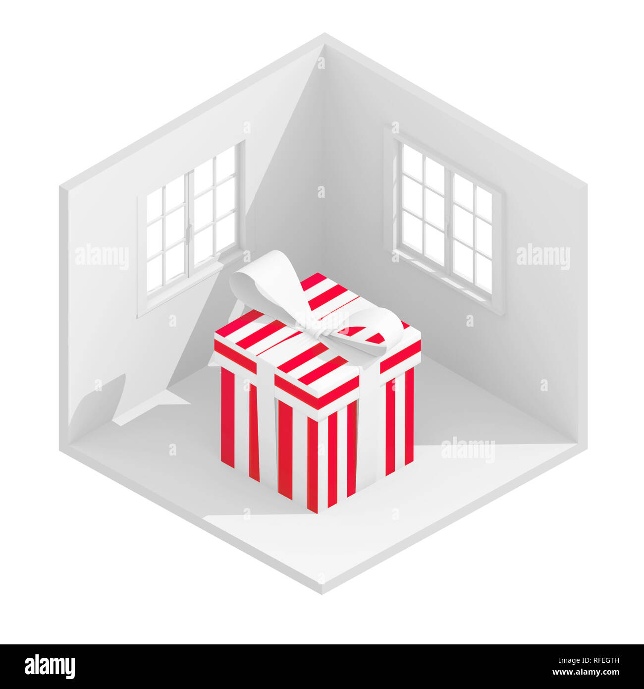 3d isometric rendering illustration of red striped gift box in room ...