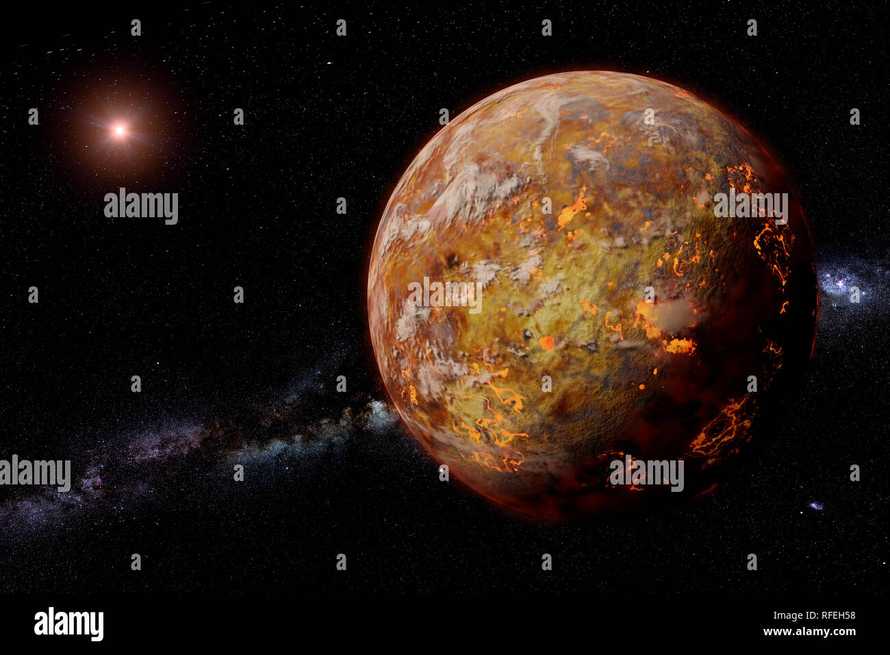 alien lava planet with moons lit by a bright star and the Milky Way ...