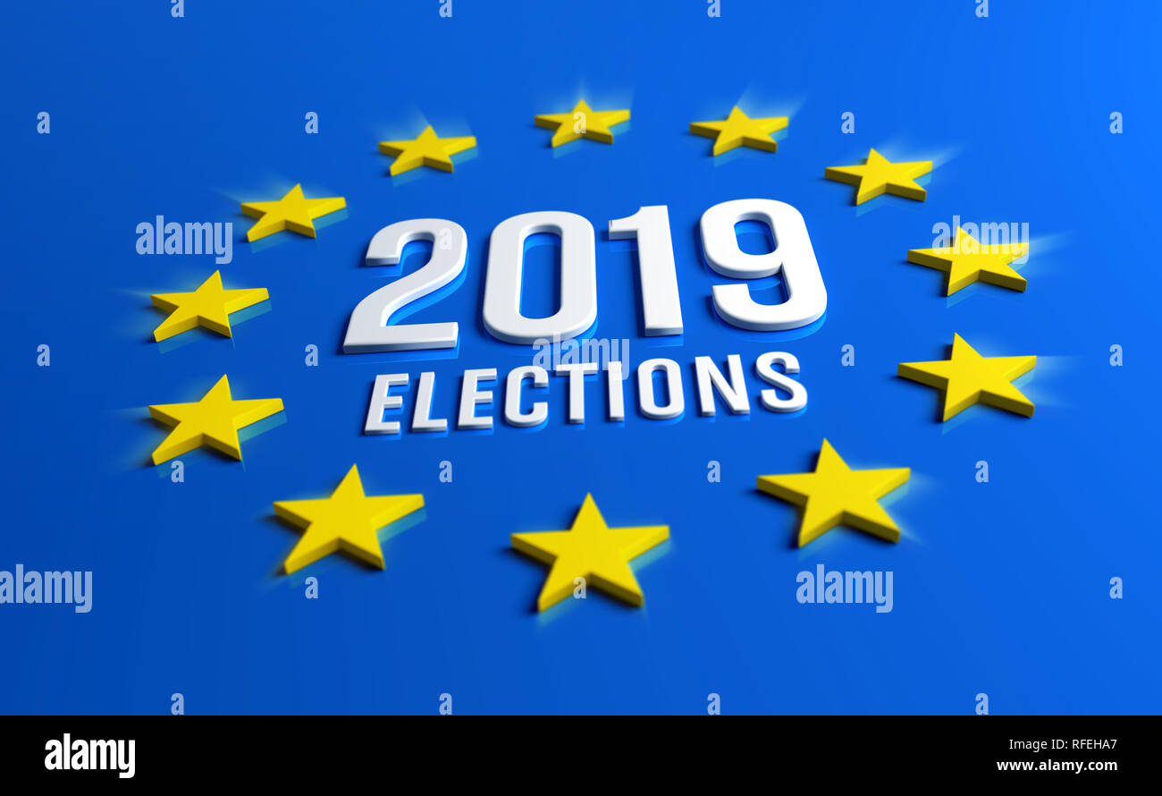 Year 2019 date number inside yellow stars of Europe Flag. European elections. 3D illustration. Stock Photo
