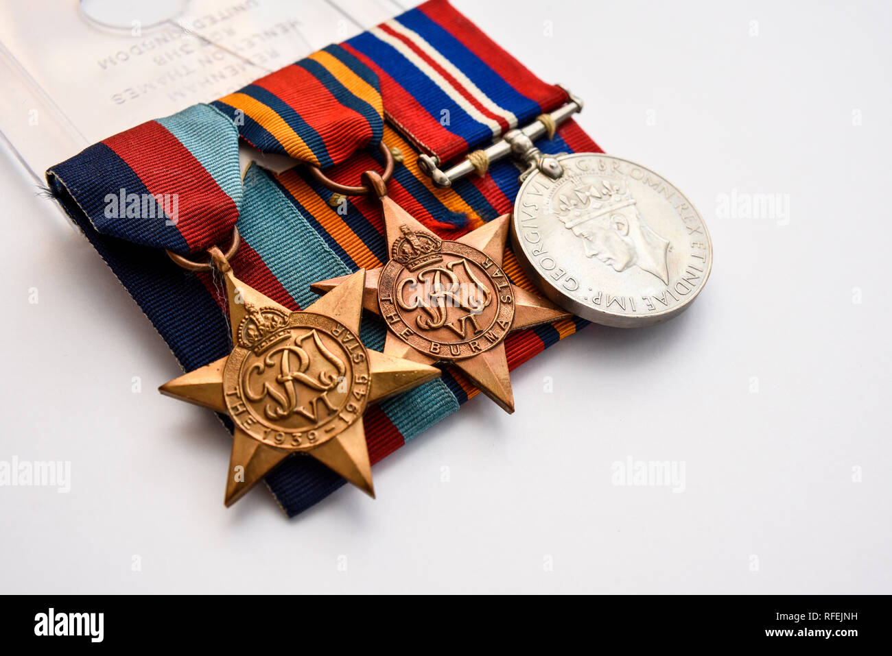 Burma Star & 1939-1945 Star military campaign war medal, instituted by the United Kingdom in May 1945 for award to British and Commonwealth forces Stock Photo
