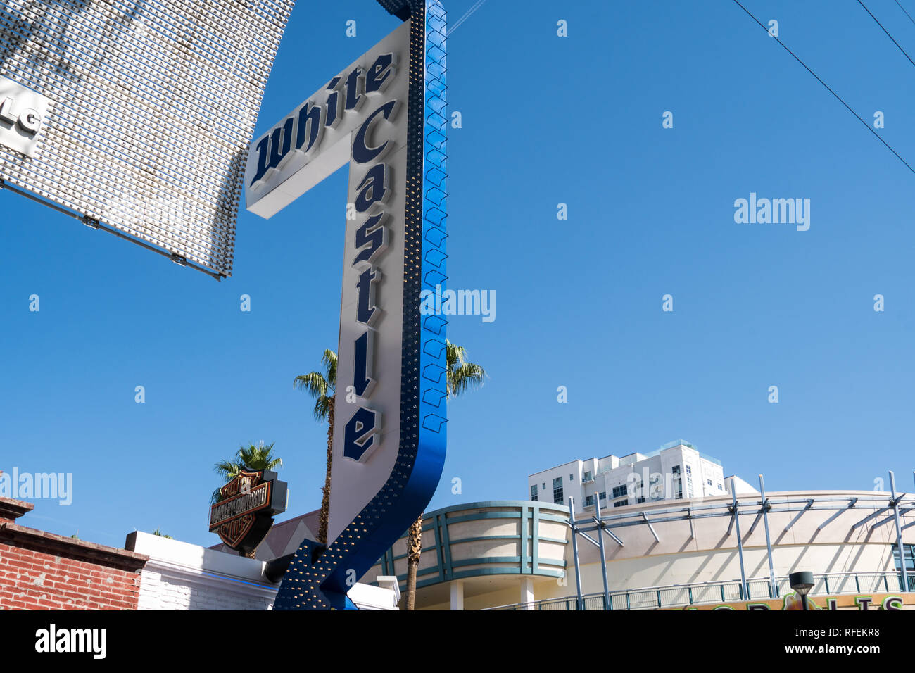 Las Vegas, Nevada - October 13, 2017:   : White Castle fast food restaurant sign on Fremont Street in downtown Las Vegas, attracts tourists for its ch Stock Photo