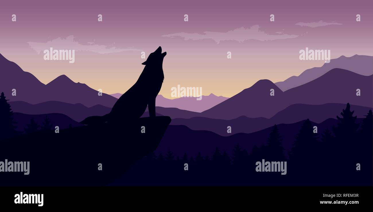 wolf at beautiful purple mountain wildlife nature landscape vector illustration EPS10 Stock Vector