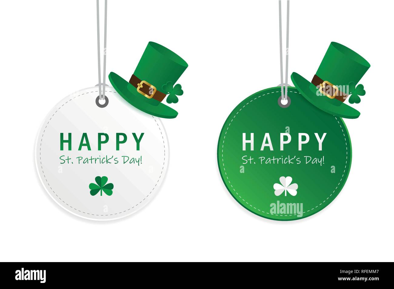 green and white St. Patricks Day hanging round label with hat and clover vector illustration EPS10 Stock Vector