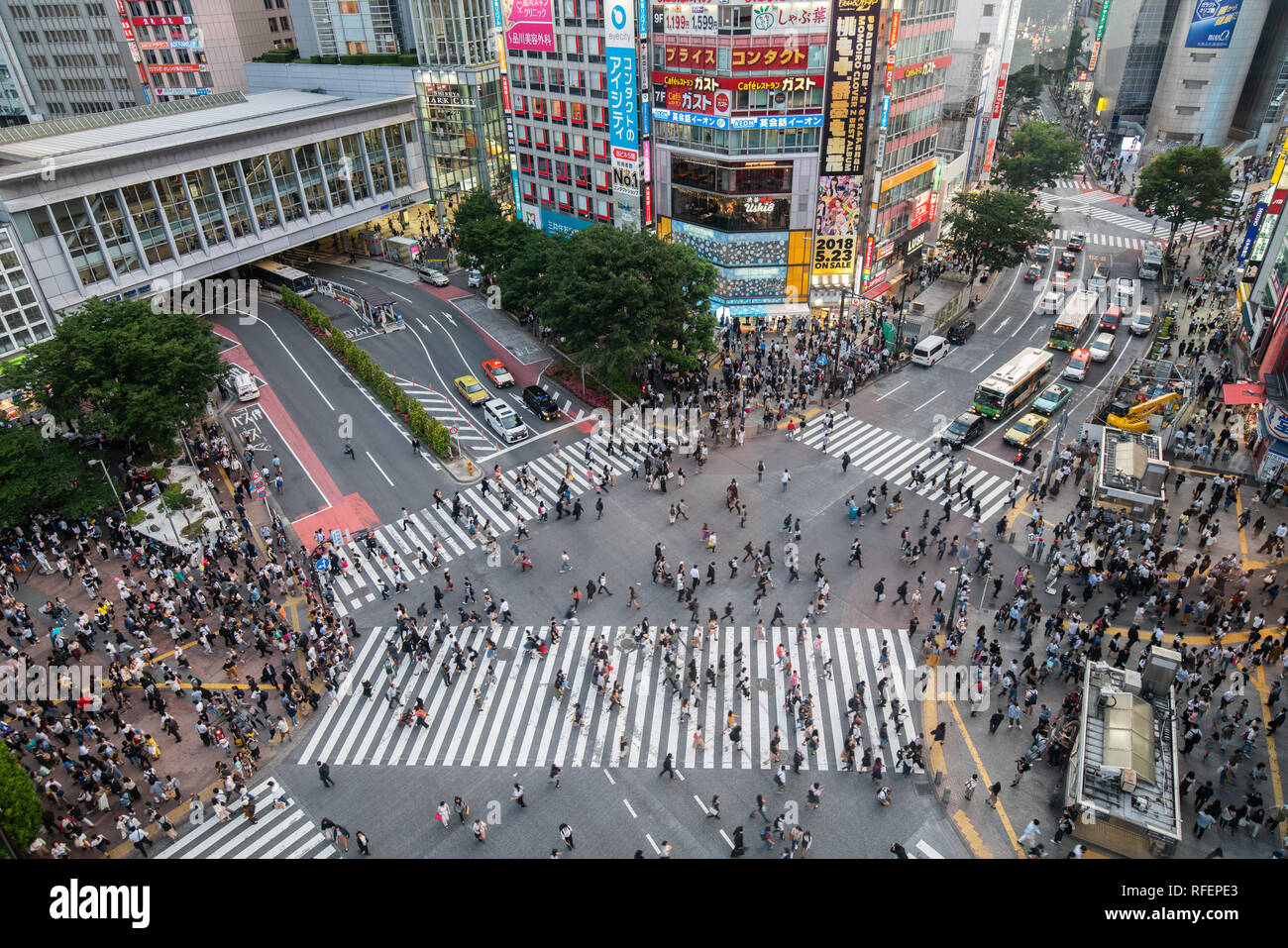 TOKYO, JAPAN - MAY 16, 2018: Pedestrians crosswalk at Shibuya district in Tokyo, Japan. Shibuya Crossing is one of the busiest crosswalks in the world Stock Photo