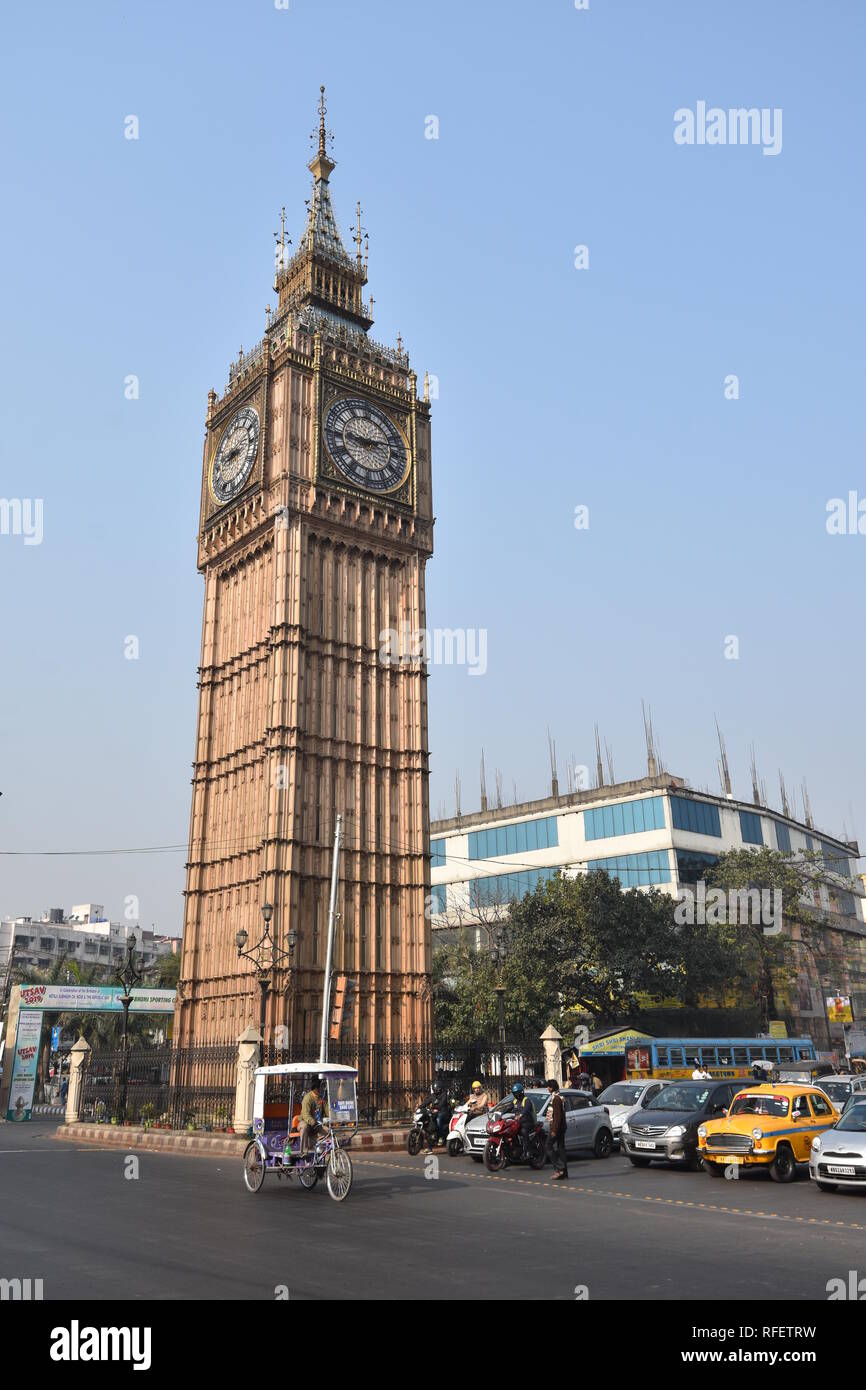 Kolkata, India. 25th January 2019. The Big Ben replica or the Kolkata Time Zone with real four sided 3.6 meters diameter Anglo-Swiss clock dials. The  Stock Photo