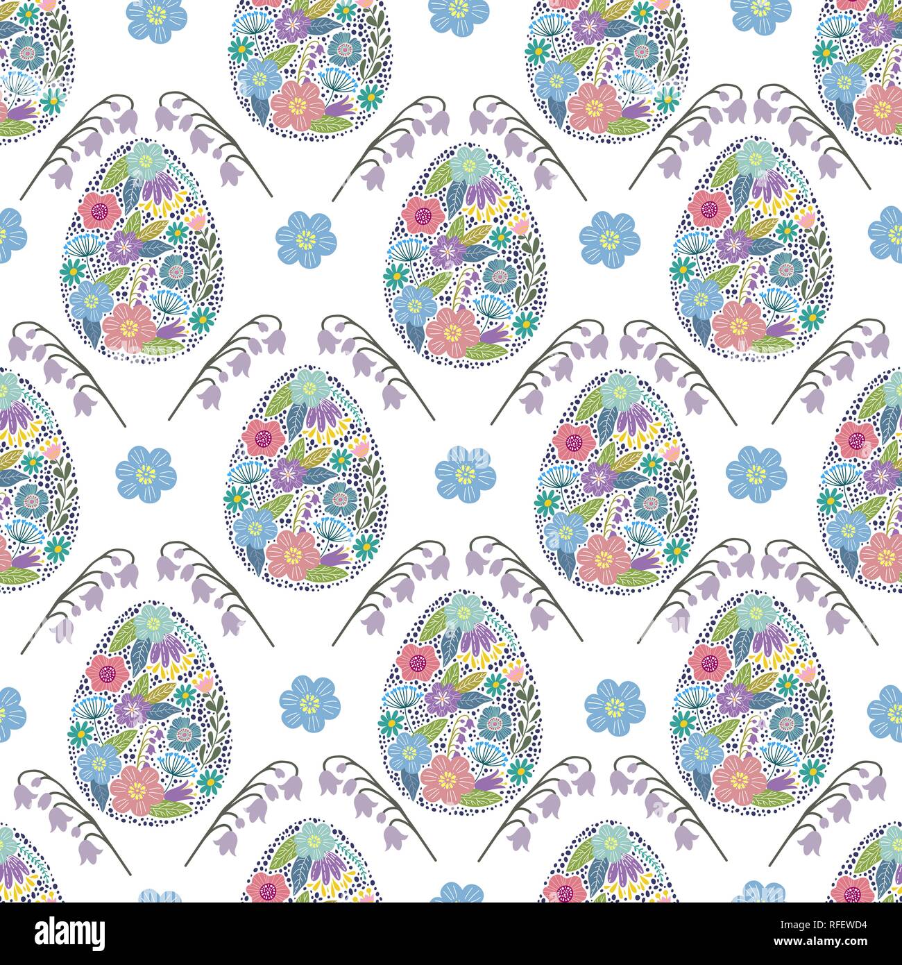 Seamless pattern with Cartoon cute decorative easter eggs on a white background. Vector illustration Stock Vector
