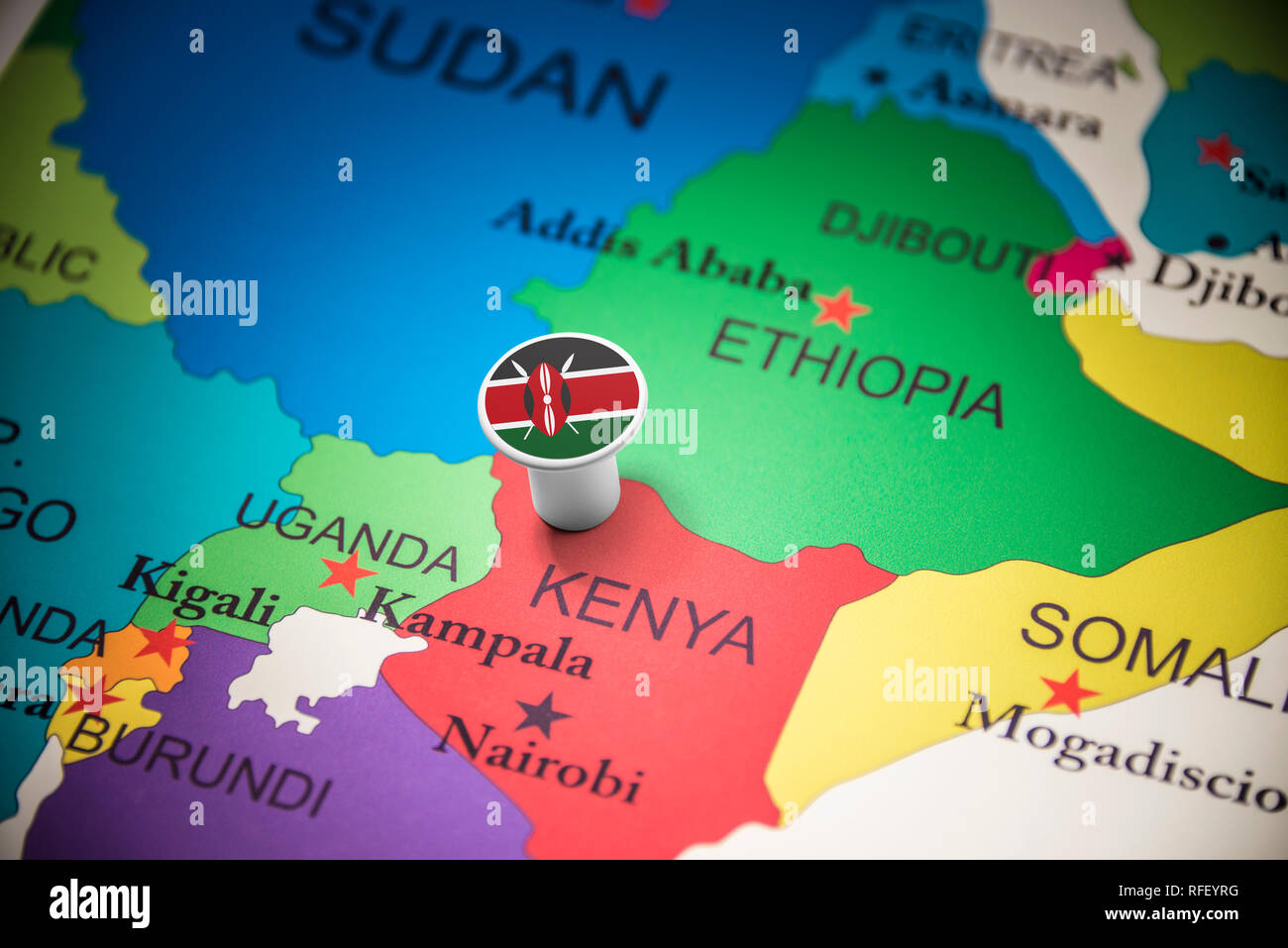 Kenya marked with a flag on the map Stock Photo Alamy