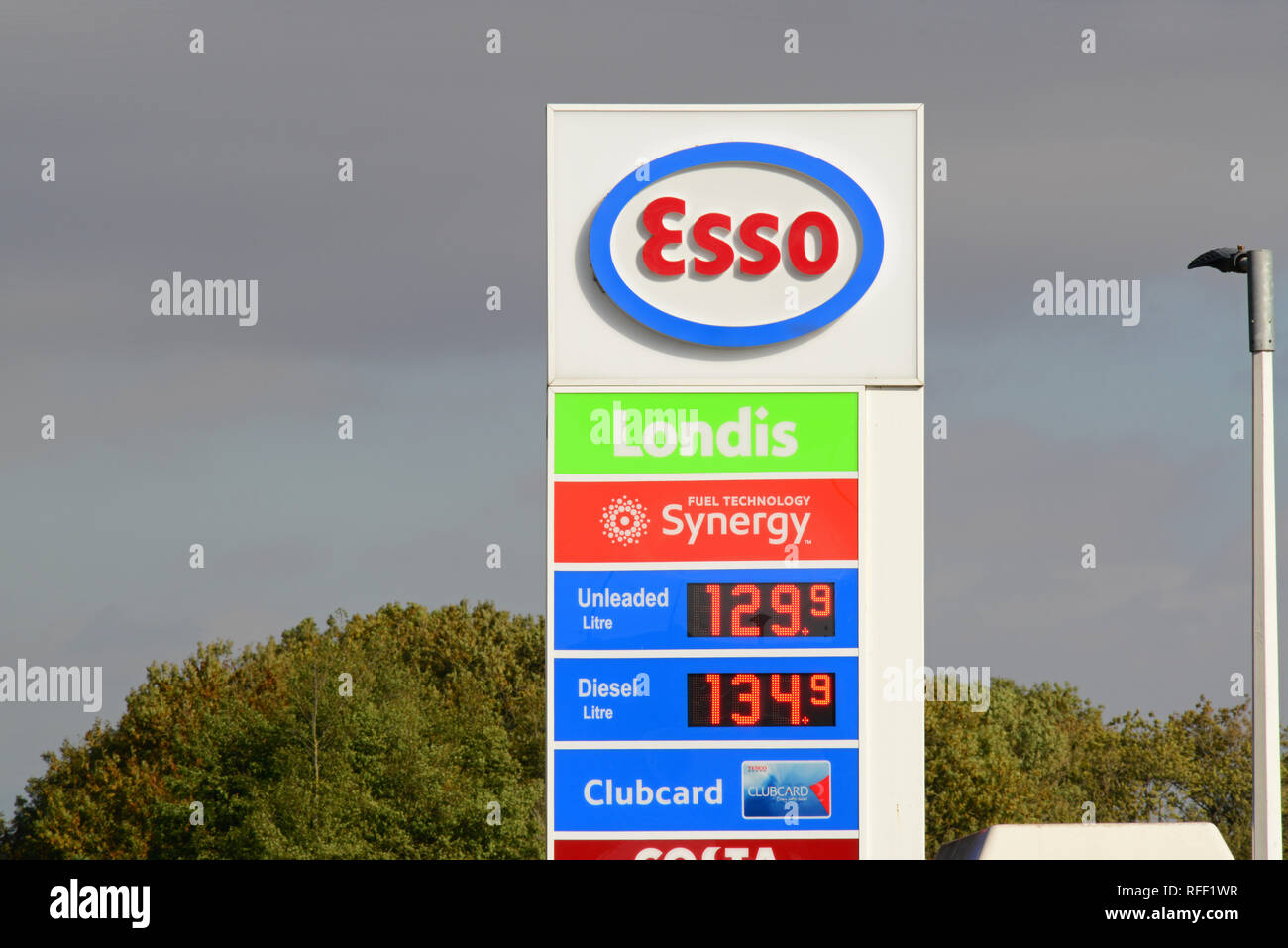 advertisement of fuel prices on petrol station forecourt united kingdom Stock Photo