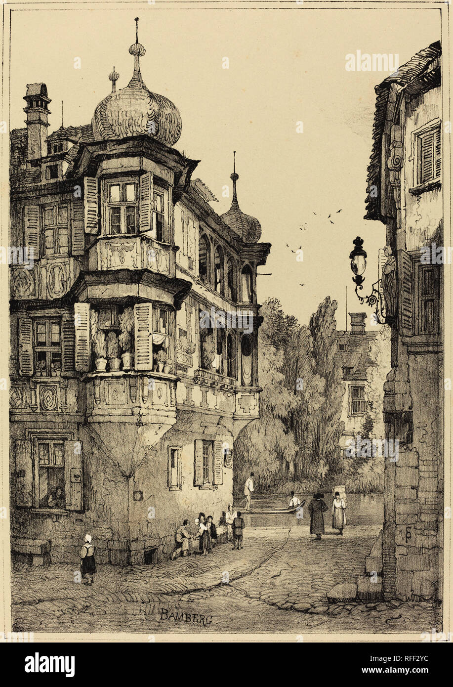 Bamberg. Dimensions: image: 41.1 x 28.7 cm (16 3/16 x 11 5/16 in.)  sheet: 54.5 x 36.9 cm (21 7/16 x 14 1/2 in.). Medium: lithograph touched with white gouache on wove paper. Museum: National Gallery of Art, Washington DC. Author: Samuel Prout. Stock Photo