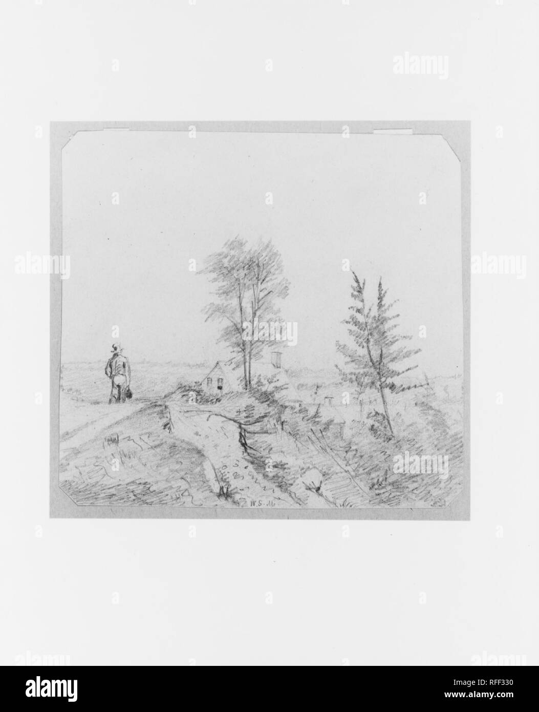 Landscape with Figure (from McGuire Scrapbook). Artist: William Sidney Mount (American, Setauket, New York 1807-1868 Setauket, New York). Dimensions: 5 3/8 x 5 11/16 in. (13.7 x 14.4 cm). Museum: Metropolitan Museum of Art, New York, USA. Stock Photo