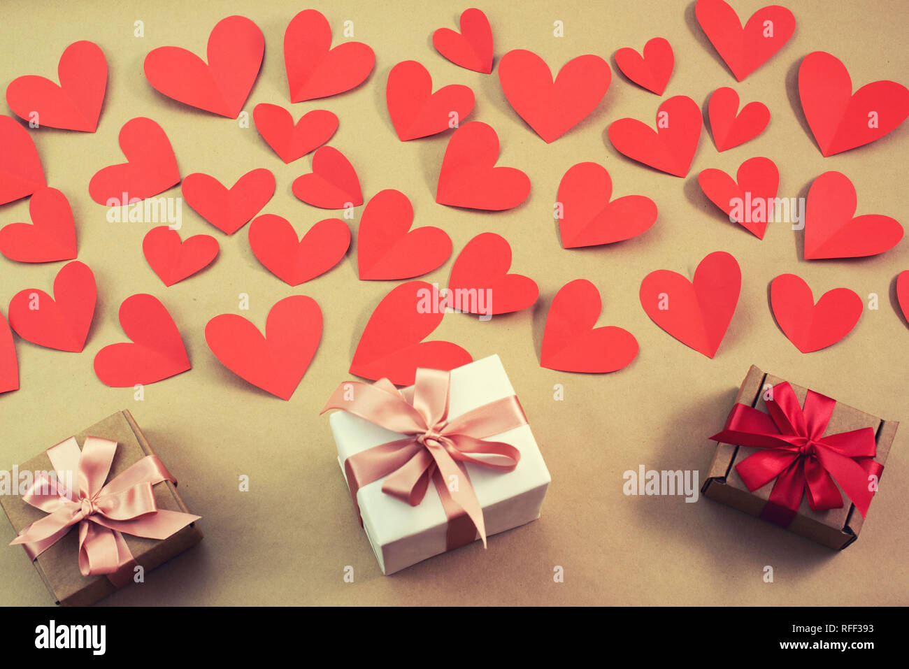 Flying Red Hearts Concept Of Valentines Day Top View Flat Lay