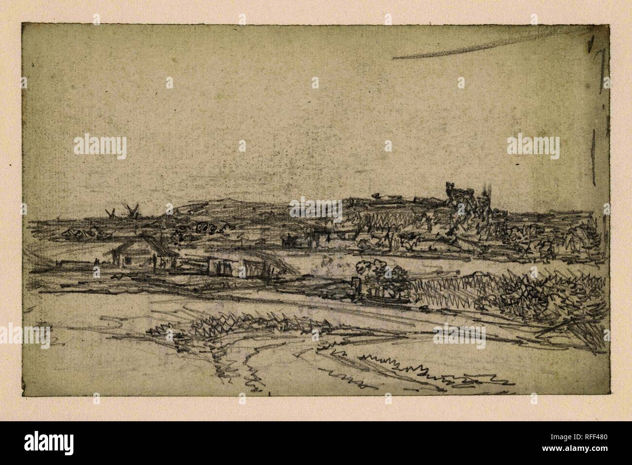 Montmartre seen from the plain. Draughtsman: Georges Michel. Dating: 1773 - 1843. Measurements: h 102 mm × w 162 mm. Museum: Rijksmuseum, Amsterdam. Stock Photo