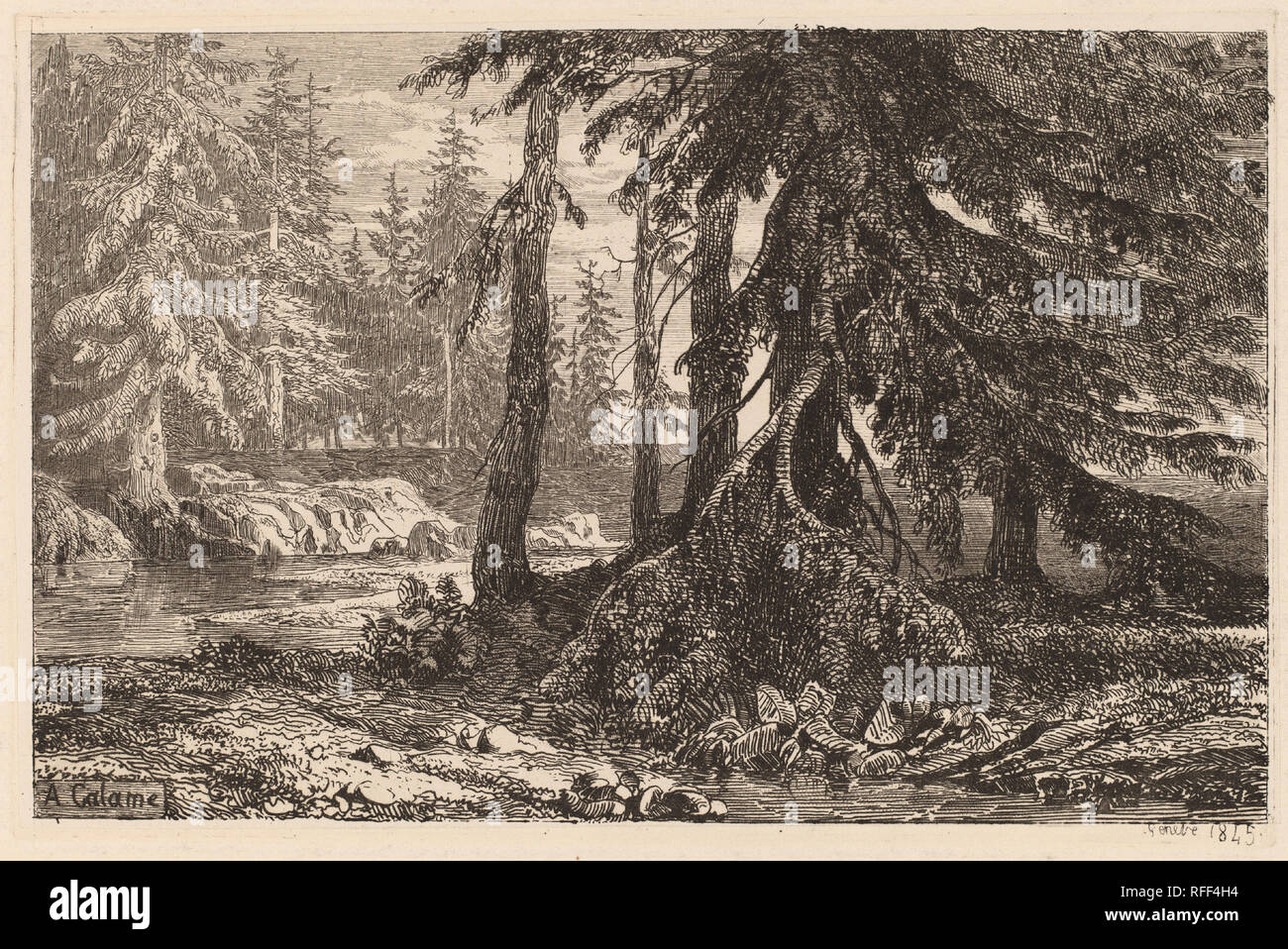 Essais de gravure à l'eau forte par Alexandre Calame, III, pl. 16. Dated: 1845. Dimensions: plate: 9 x 13.6 cm (3 9/16 x 5 3/8 in.)  sheet: 26.8 x 35.8 cm (10 9/16 x 14 1/8 in.). Medium: etching. Museum: National Gallery of Art, Washington DC. Stock Photo