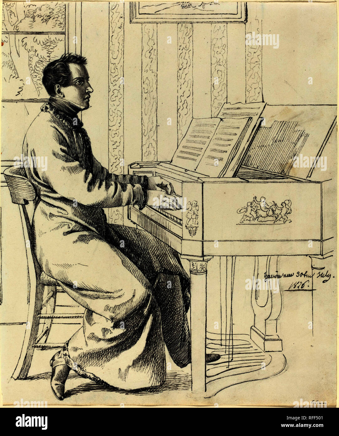 The Artist's Brother-in-Law, Ludwig Hassenpflug, Preparing to Play the Piano.  Dated: 1826. Dimensions: sheet: 25.2 x 21.2 cm (9 15/16 x 8 3/8 in.).  Medium: pen and black ink over graphite on