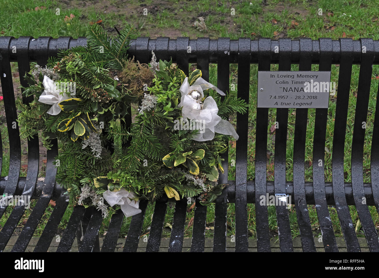 Bench, In Loving Memory Colin Timmins, NANA, Sackville Gardens Manchester, England, UK Stock Photo