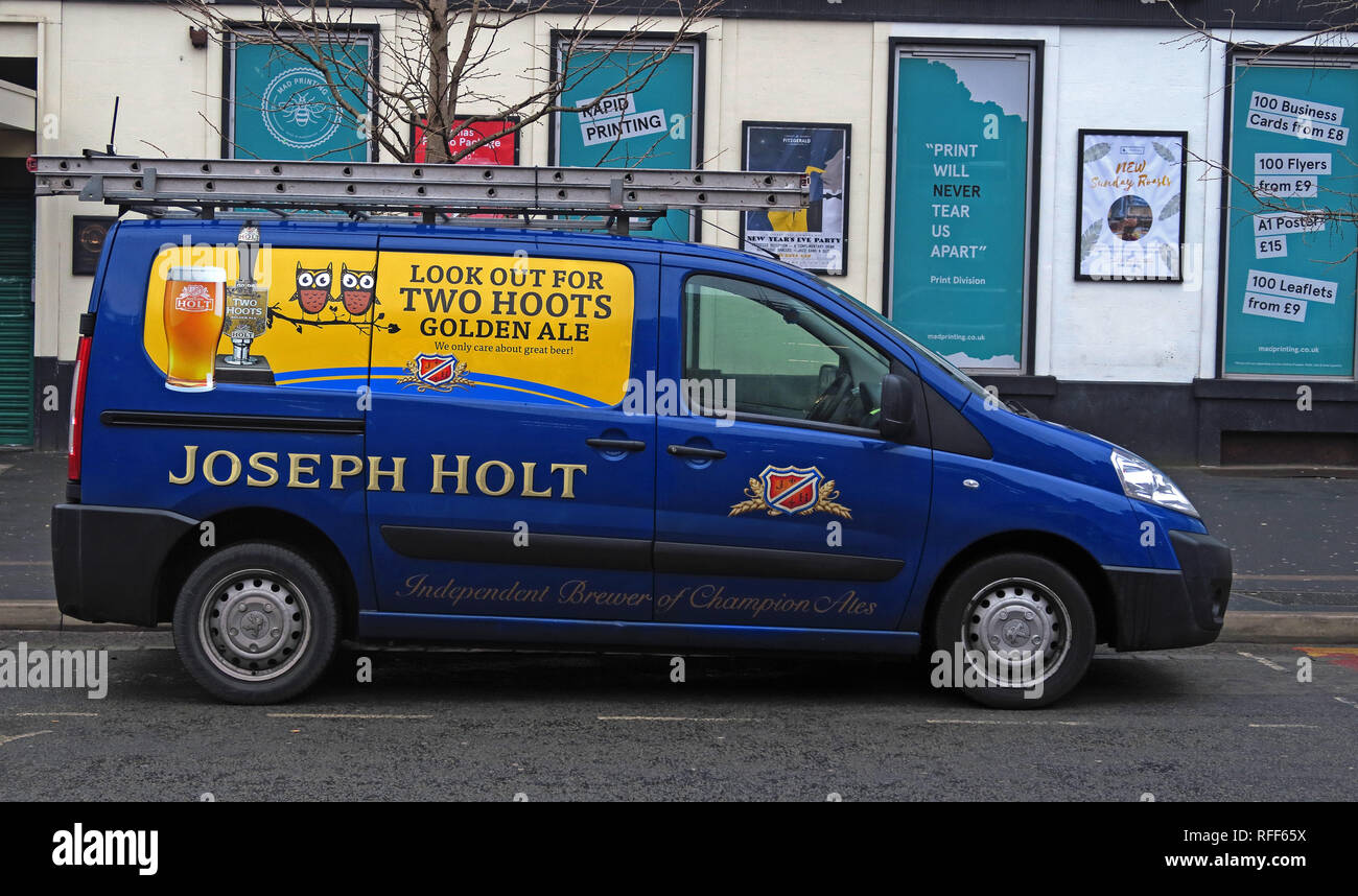 Joseph Holt Independent Brewer of Champion Ales - Two Hoots Golden Ale, delivery van, Stevenson Square, Northern Quarter,Manchester, England, UK Stock Photo