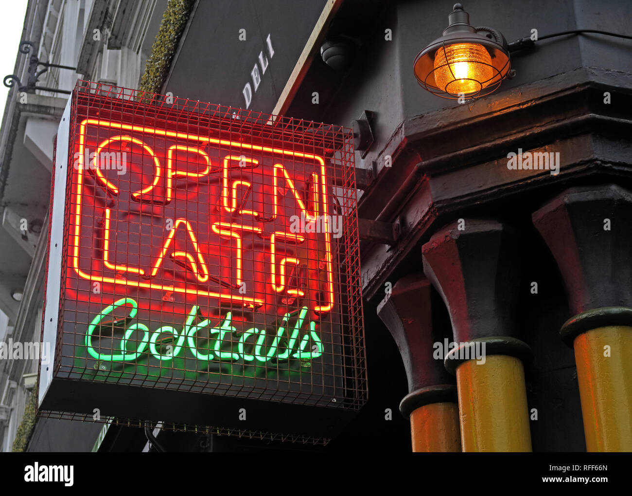 Open Late for Cocktails, Cocktail bar neon sign, Stevenson Square, NorthernQuarter, Manchester, England, UK,  M1 1DN Stock Photo