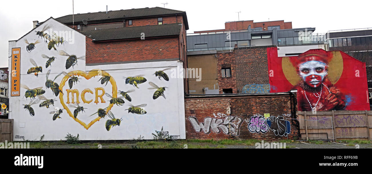 The Koffee Pot cafe,Oldham Street, 22 worker bees representing the 22 people killed, in the Manc Arena bombing,by graffiti artist Russell Meeham,Qubek Stock Photo