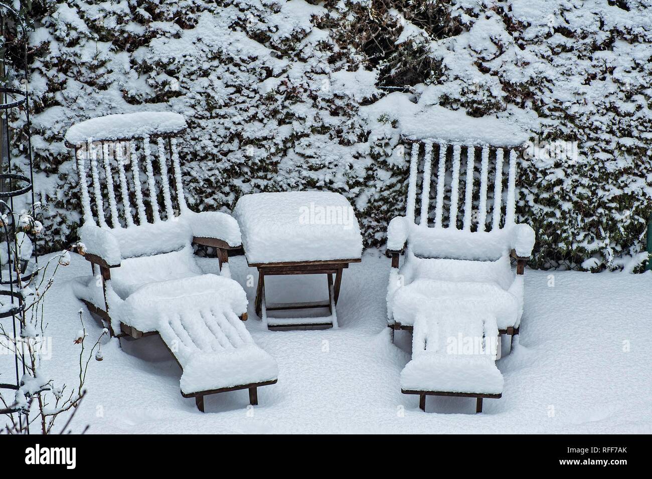 Garden chairs in the snow, Munich, Upper Bavaria, Bavaria, Germany Stock Photo