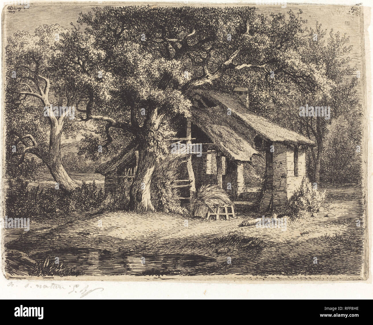 La chaumière au poirier (Cottage with Pear Tree). Dated: published 1849. Dimensions: plate: 10.6 x 14 cm (4 3/16 x 5 1/2 in.)  sheet: 22.5 x 31.5 cm (8 7/8 x 12 3/8 in.). Medium: etching on chine coll. Museum: National Gallery of Art, Washington DC. Author: Eugène Bléry. Stock Photo