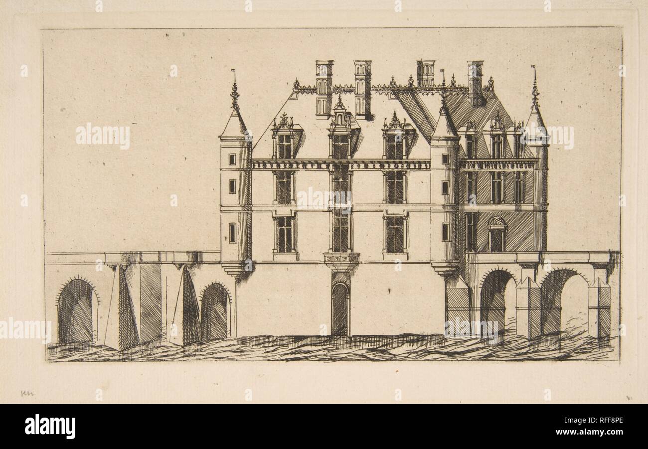 Château de Chenonceau, No 1, after Ducerceau. Artist: Charles Meryon (French, 1821-1868); After Jacques Androuet Du Cerceau (French, Paris 1510/12-1585 Annecy). Dimensions: plate: 5 1/4 x 8 3/4 in. (13.3 x 22.2 cm)  sheet: 8 11/16 x 9 5/8 in. (22 x 24.5 cm). Date: 1856. Museum: Metropolitan Museum of Art, New York, USA. Stock Photo