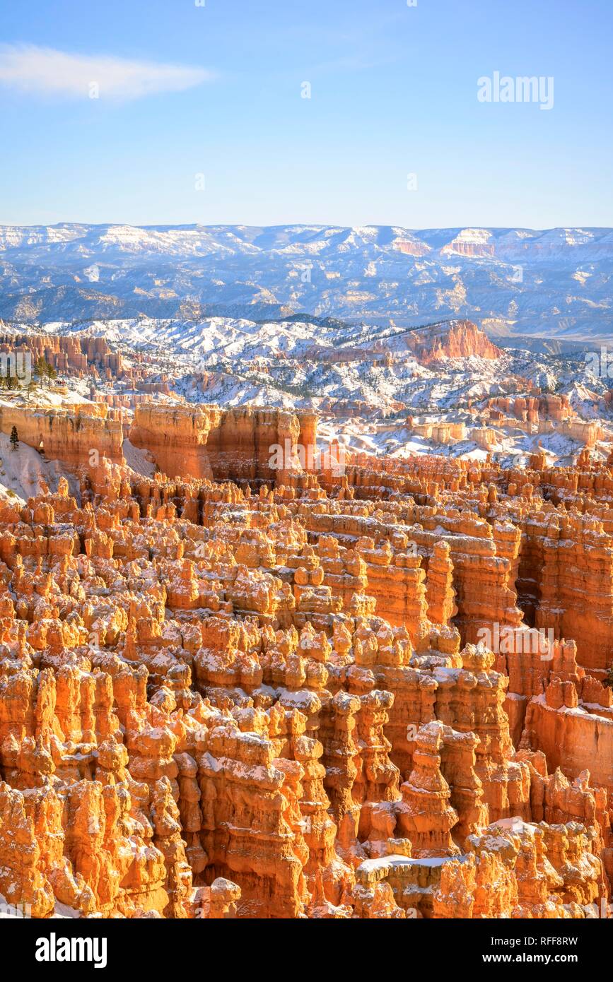 View of the amphitheatre in the morning light, snow-covered bizarre rocky landscape with Hoodoos in winter, Rim Trail Stock Photo
