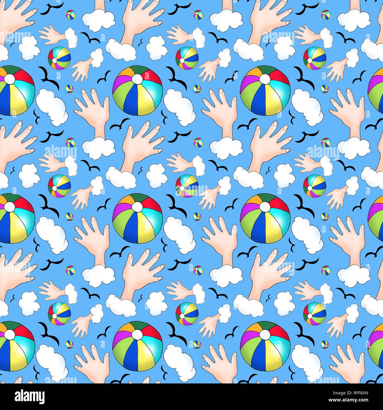 Wrapping paper, wallpaper, seamless pattern, colorful beach ball, hands, clouds and birds, background blue, Germany Stock Photo