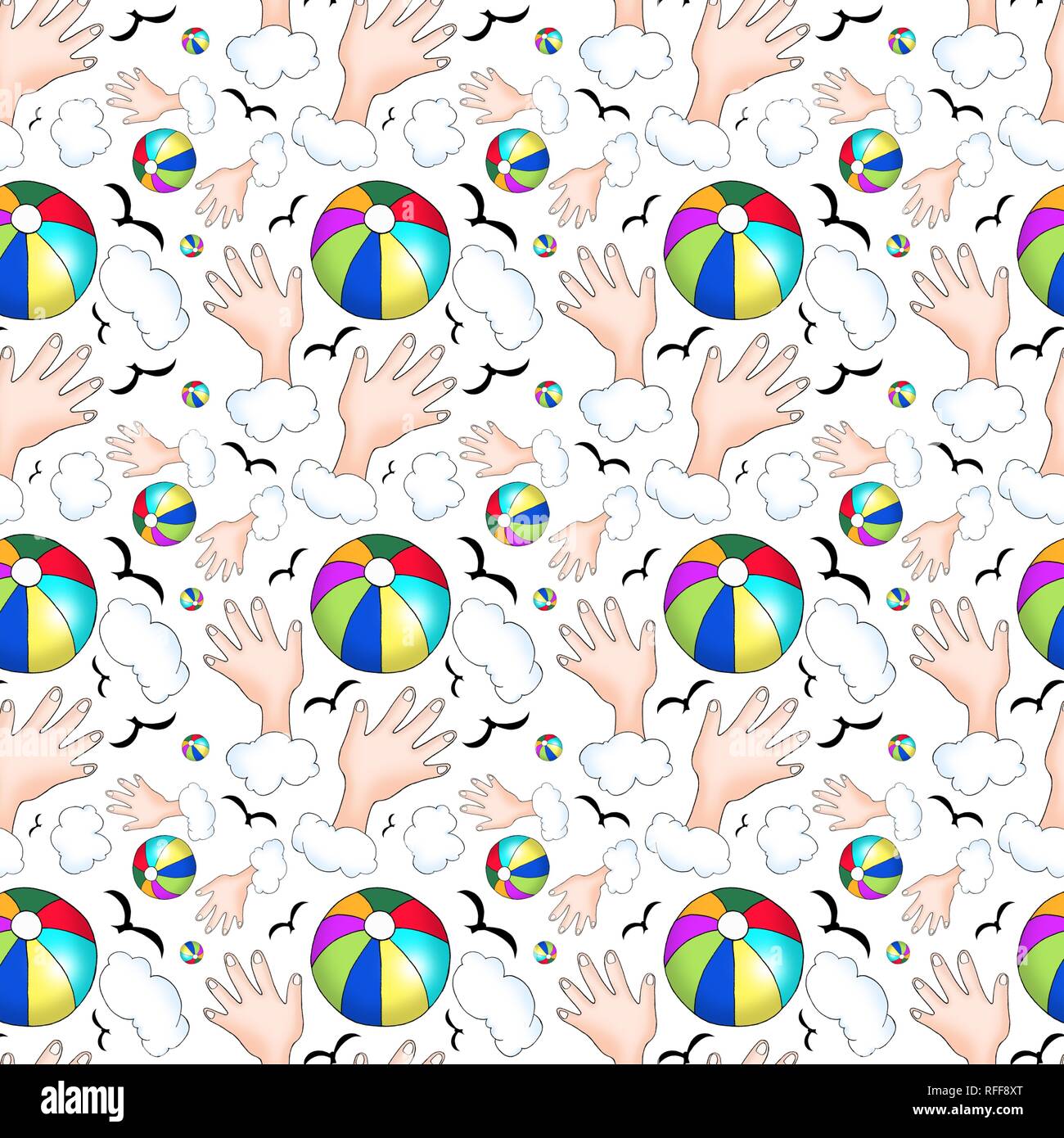 Wrapping paper, wallpaper, seamless pattern, colorful beach ball, hands, clouds and birds, background white, Germany Stock Photo