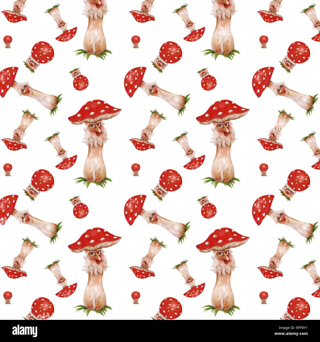 Wallpaper, wrapping paper, seamless pattern, fly agarics, mushroom family, clipping, background white, Germany Stock Photo