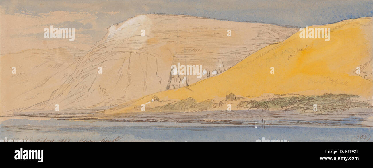 Abu Simbel, 10:30 am, 9 February 1867 (383). Date/Period: 1867. Landscape. Watercolor with pen in brown ink, and white gouache, over graphite on moderately thick, moderately textured, beige wove paper. Height: 98 mm (3.85 in); Width: 257 mm (10.11 in). Author: Edward Lear. Stock Photo