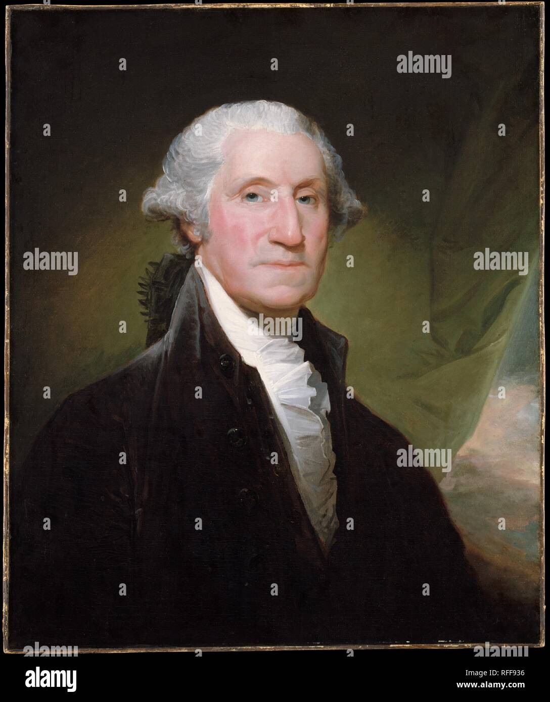 George Washington. Artist: Gilbert Stuart (American, North Kingston, Rhode Island 1755-1828 Boston, Massachusetts). Dimensions: 30 1/4 x 25 1/4 in. (76.8 x 64.1 cm). Date: begun 1795.  This portrait of President Washington, called the Gibbs-Channing-Avery portrait, is one of eighteen similar works known as the Vaughan group. The first of this type, presumably painted from life and then copied in all the others, originally belonged to Samuel Vaughan, a London merchant living in Philadelphia and a close friend of Washington. This original portrait by Stuart, painted in 1795 according to Rembrand Stock Photo
