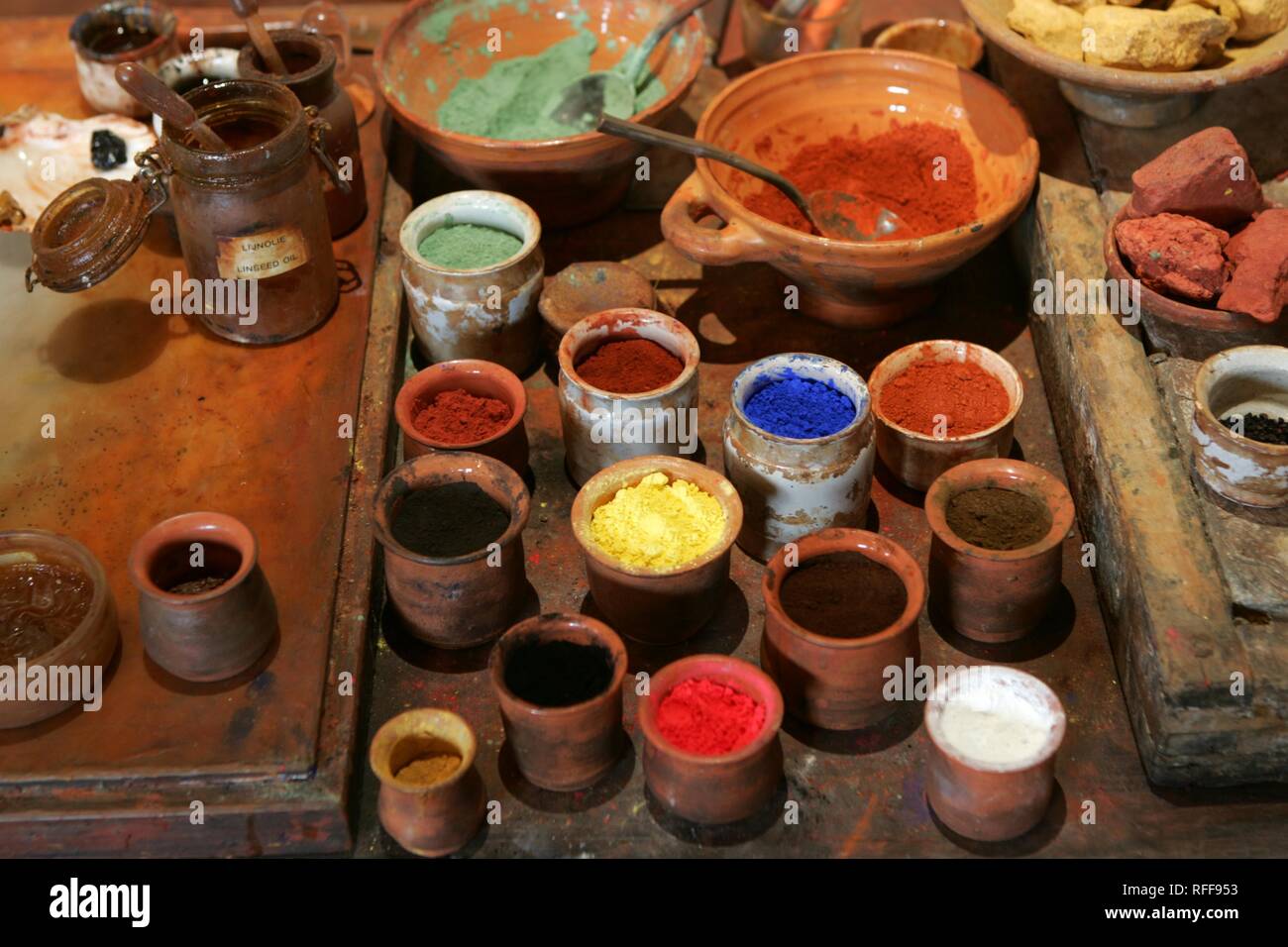 NLD, Netherlands, Amsterdam: Rembrandt House Museum (Rembrandthuis). Paint pots Stock Photo