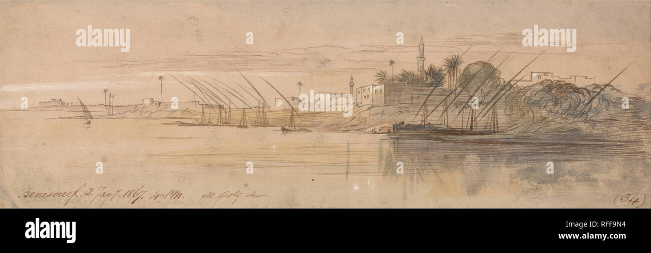 Benisouef. Date/Period: 1867. Marine art. Watercolor with pen in brown ink and gouche over graphite on medium, slightly textured, wove paper, mounted on thick, slightly textured, cream wove paper. Height: 95 mm (3.74 in); Width: 294 mm (11.57 in). Author: Edward Lear. Stock Photo