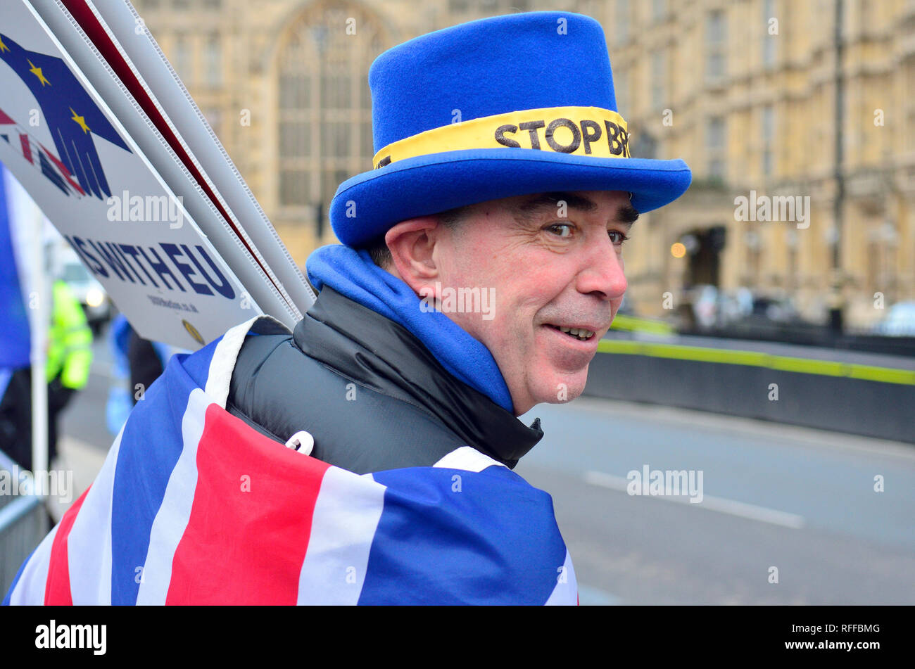 Steve Bray, anti-Brexit proteseter and founder of SODEM (Stand of Defiance European Movement) on his daily protest outside the Houses of Parliament. J Stock Photo