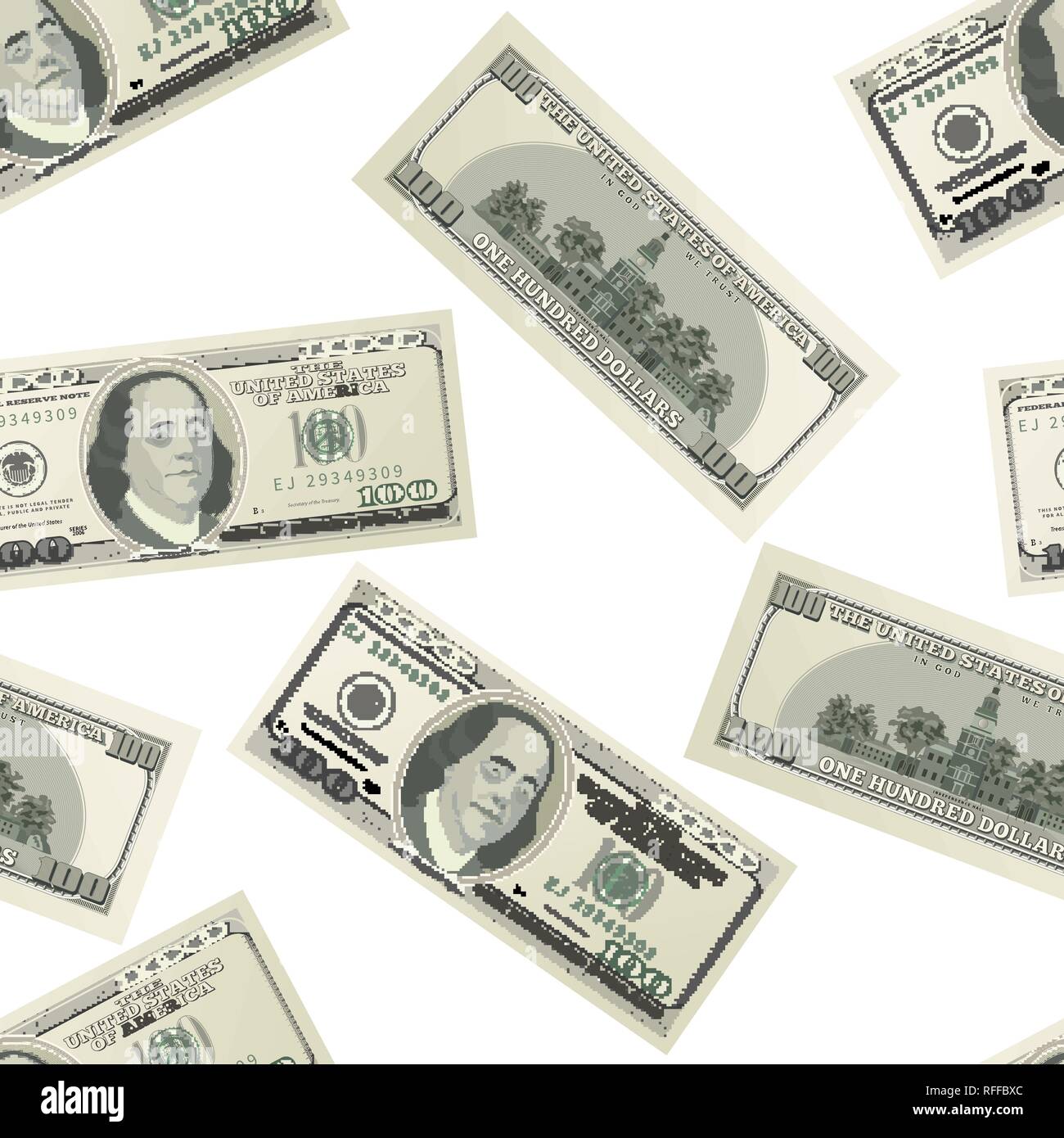Lots of one hundred USA dollars banknotes on white background, seamless pattern Stock Vector