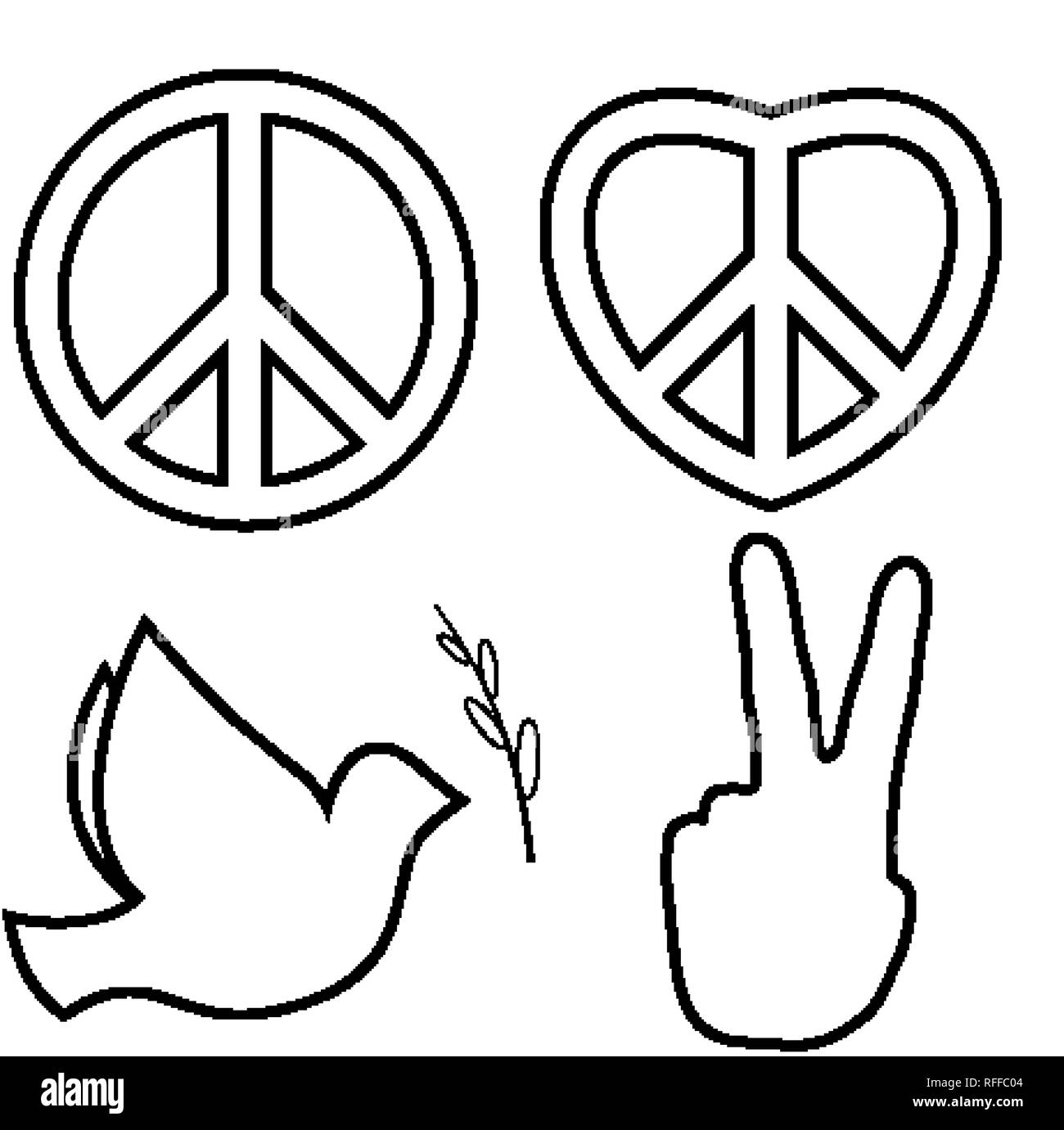 Outlined hippie peace sign. Line icons set Stock Vector