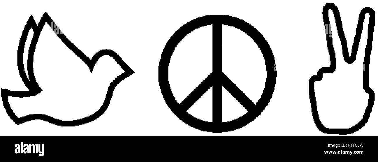 Peace and love signs. Hippie black line icons Stock Vector