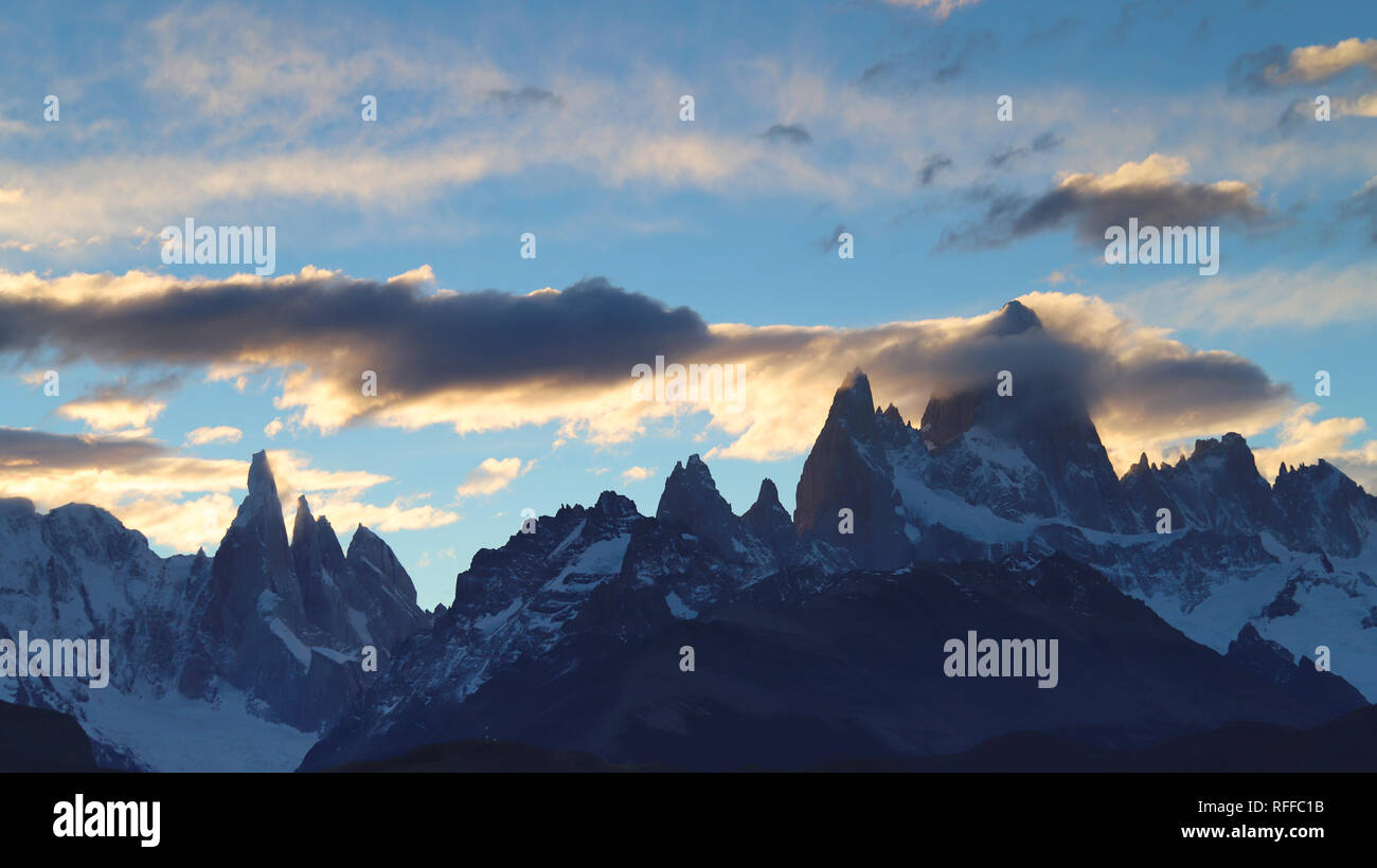 Monte Fitz Roy, Patagonia, Argentina. The lights of the sunset on the