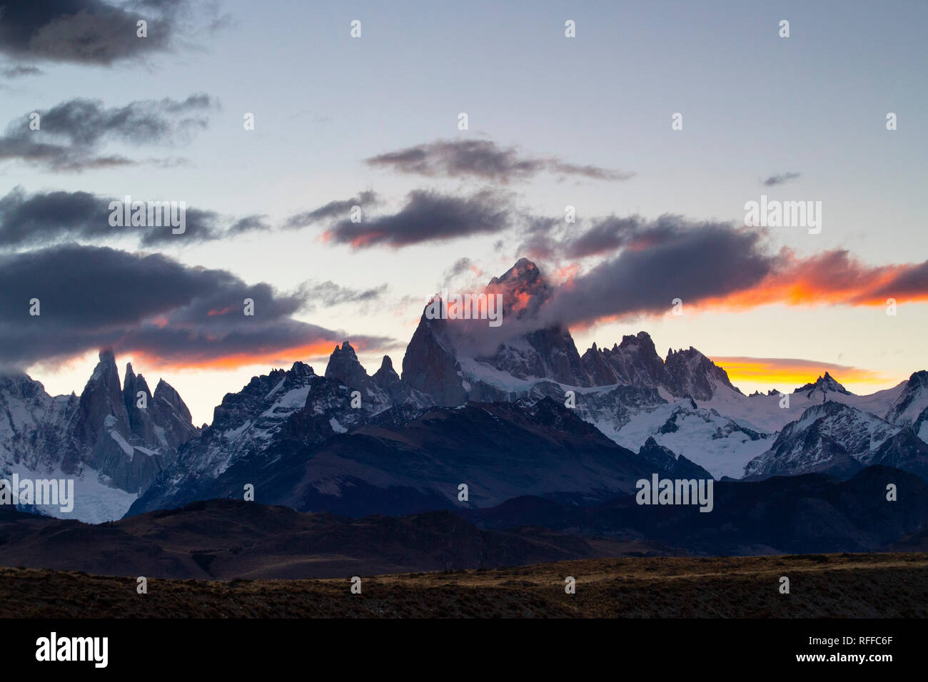 Monte Fitz Roy, Patagonia, Argentina. The lights of the sunset on the