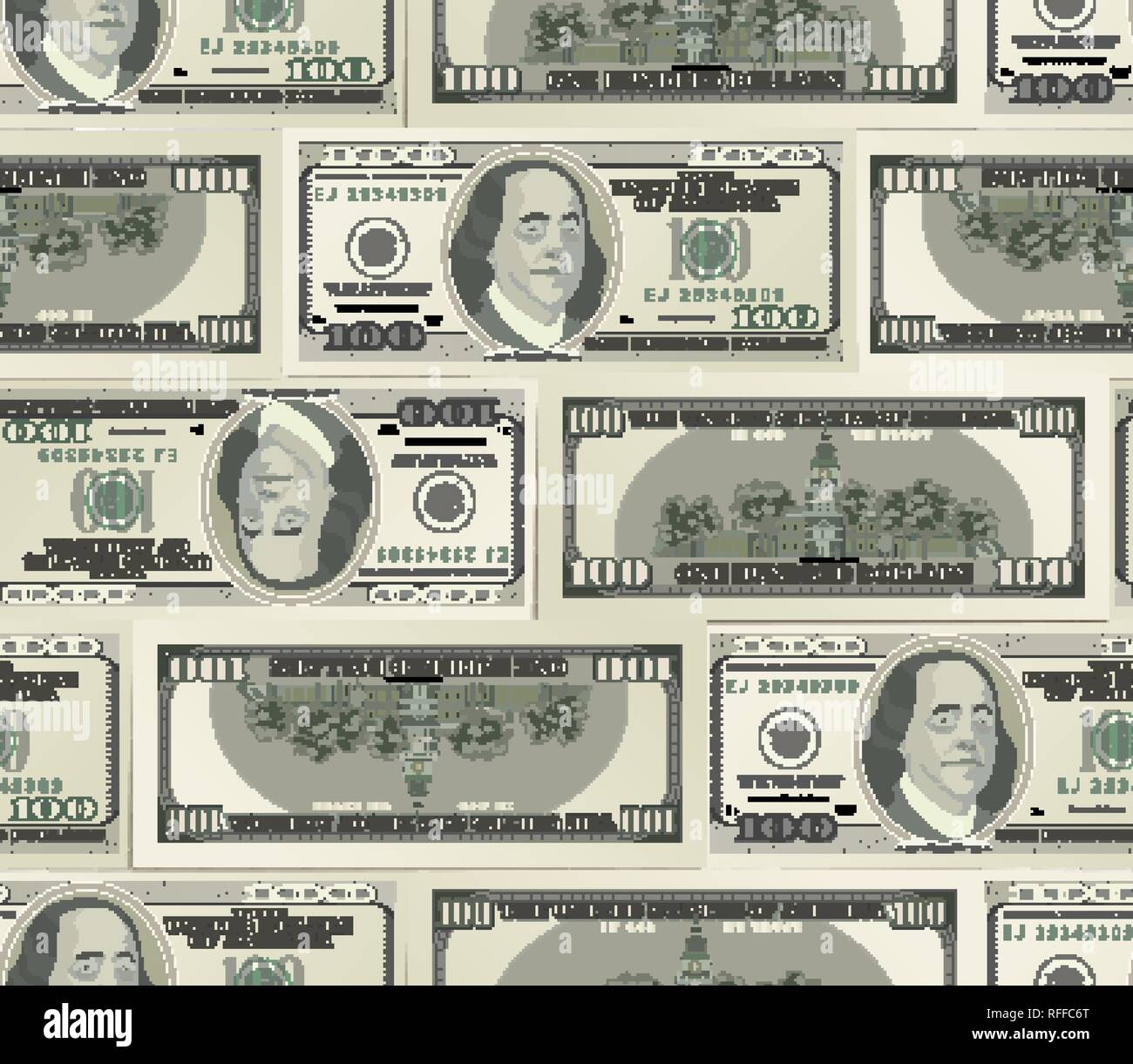 A lot of realistic dummy one hundred USA dollars banknotes in a row, seamless pattern Stock Vector