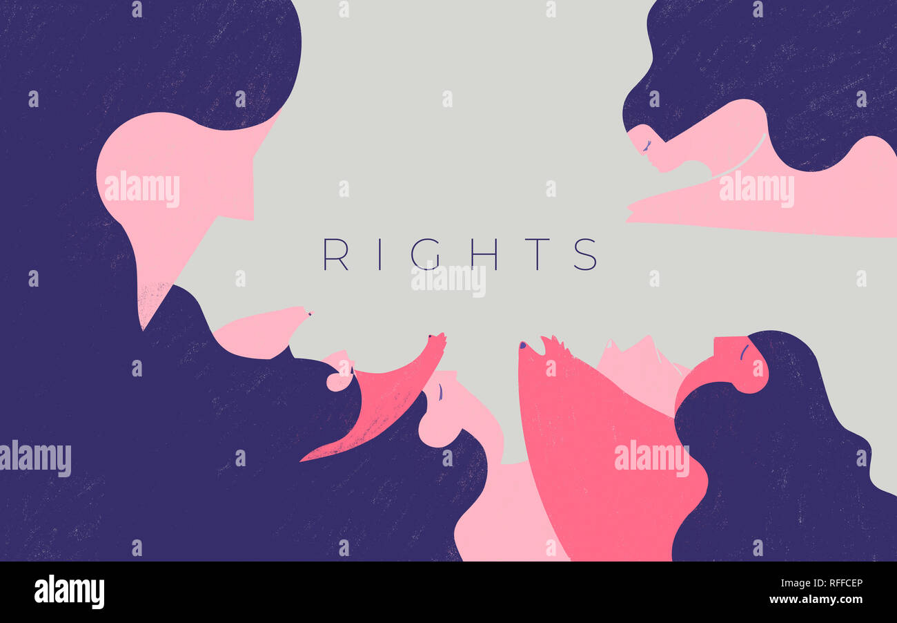Women are construct their word rights. Illustration shows figures of women building and rise the word right. Purple conceptual image. Stock Photo