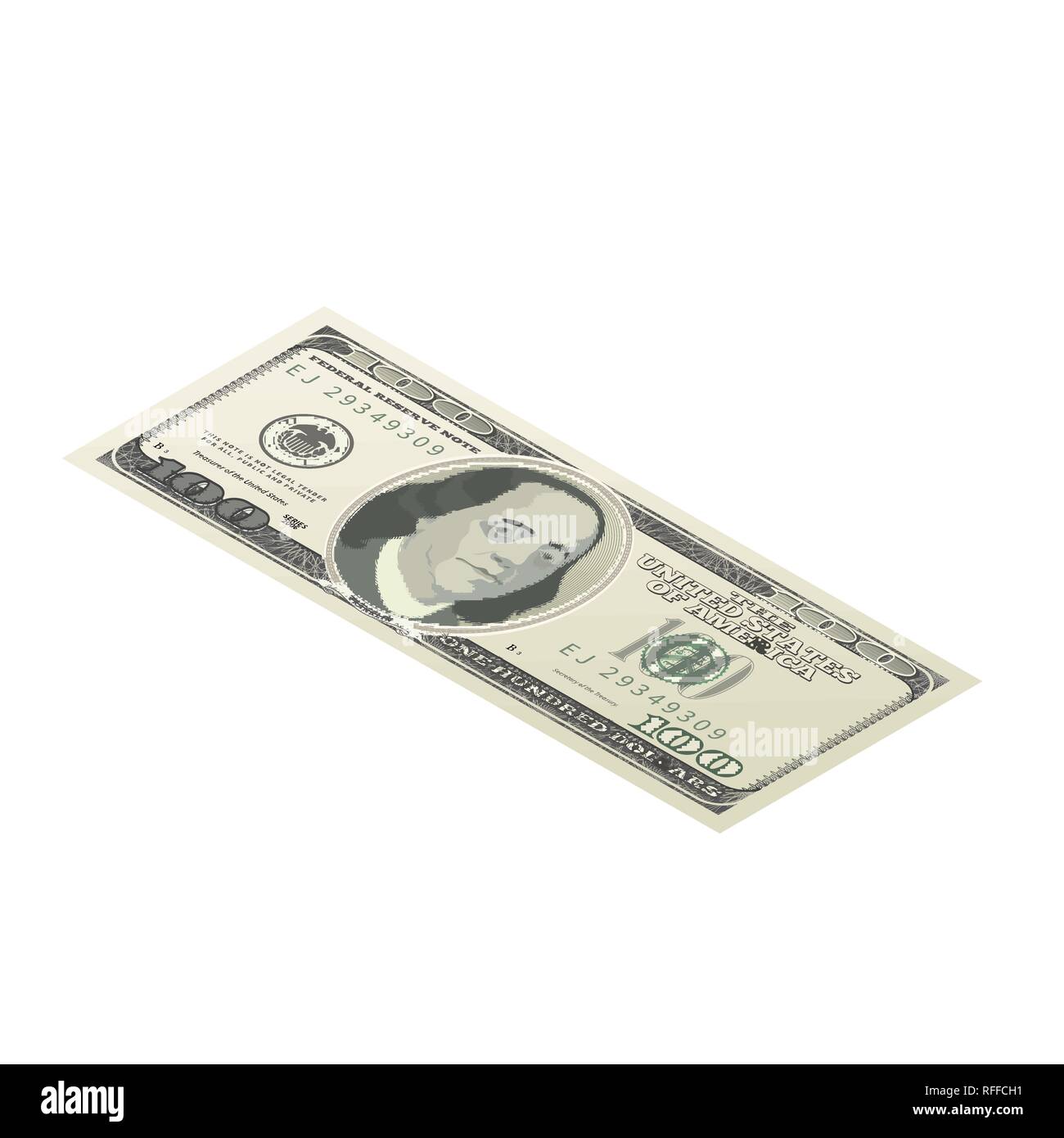 One hundred USA dollars banknote, front side coupure in isometric view isolated on white Stock Vector