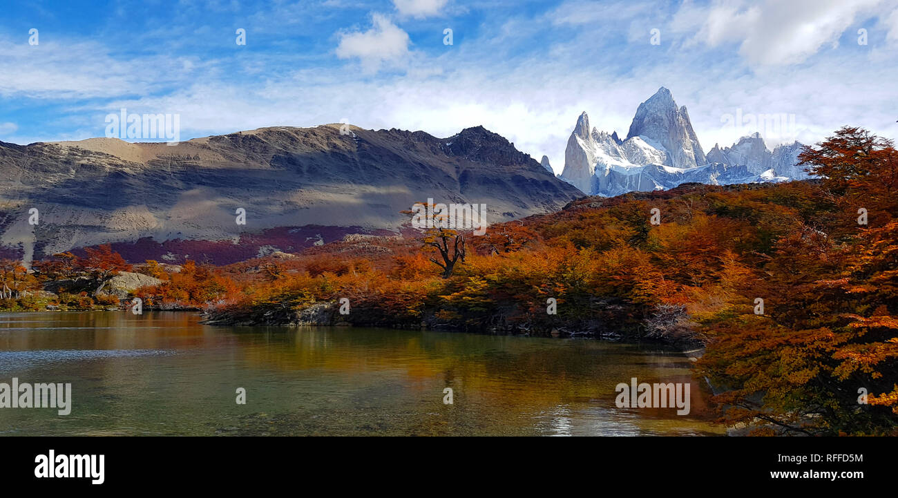 View of Mount Fitz Roy with trees in autumn colors, El Chalten, Argentina Stock Photo