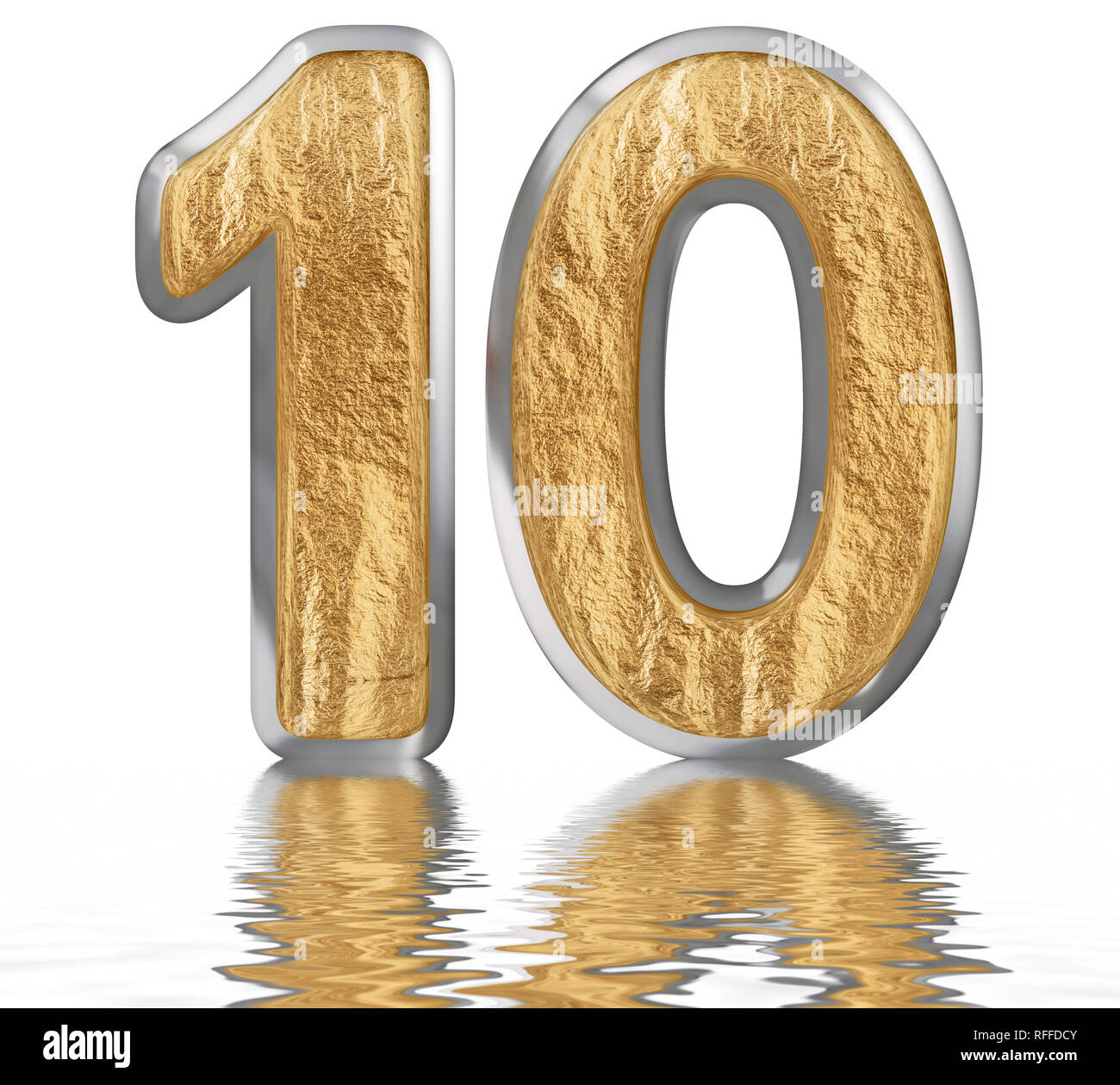 Numeral 10, Ten, Reflected On The Water Surface, Isolated On White